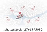 White logistics map with red markers and ship on urban waterway