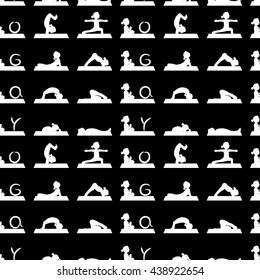 White logo asana yoga people and white fonts pattern background