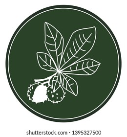 White logo branches chestnut on a dark green background. Celtic astrological calendar of the druids. Tree symbol in a circle. Horse chestnut. For natural topics. Chalk drawing on blackboard