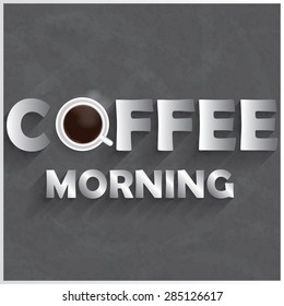 white logo coffee mugs and letters on  concrete wall.