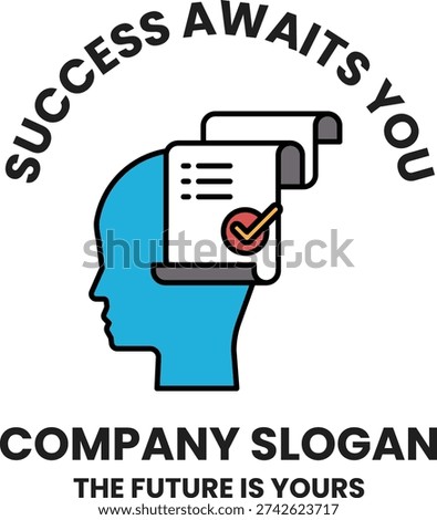 A white logo with a man's head and a piece of paper with a check mark on it. The logo says "Success Awaits You" and is a company slogan