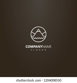 white logo on a black background. simple vector line art geometric logo of mountain landscape with water waves and snow peak in a round frame