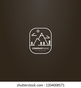 white logo on a black background. simple vector line art isolated logo of mountain landscape with clouds, spruce and sun