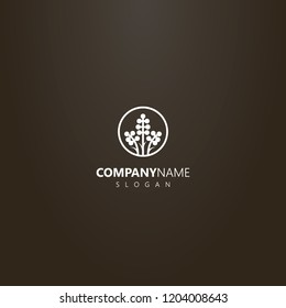 white logo on a black background. simple vector isolated logo of three flower branch in a round frame