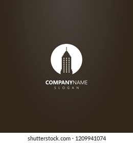 white logo on a black background. simple vector flat art negative space round logo of skyscraper with a spire