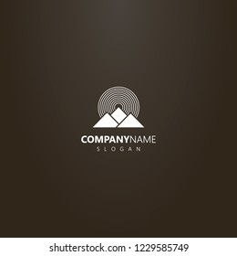 white logo on a black background. vector geometric logo of three mountains and round rays of the sun