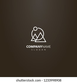 white logo on a black background. vector line art geometric logo of two triangular mountains and sun in a round frame
