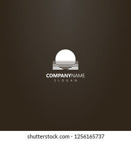 white logo on a black background. vector geometric abstract outline logo circle of the sun going down into the water