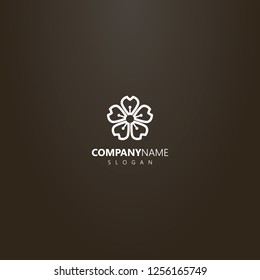 white logo on a black background. vector line art outline logo of five-leaf cherry flower