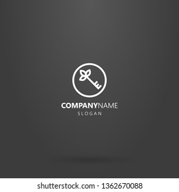 white logo on a black background. simple line art logo key with petals at the top in a round frame