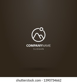 white logo on a black background. simple vector geometric line art logo of two mountains and the sun in a round frame