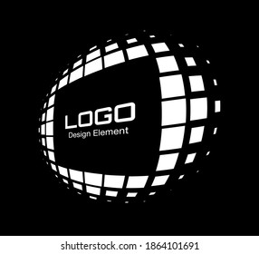 White logo perspective frame. Abstract rectangle dots emblem design element for technology. Distort border Icon using halftone rectangle dots raster texture. Vector.