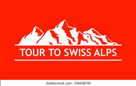 Logotipo branco das montanhas suíças isoladas no fundo branco. Emblema vetorial com Alpes da Suíça.