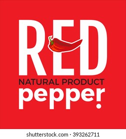 White logo with word Red pepper natural product , design elements chili pepper at a red background. Design template for restaurant, cafe and canteens. Vector Illustration.