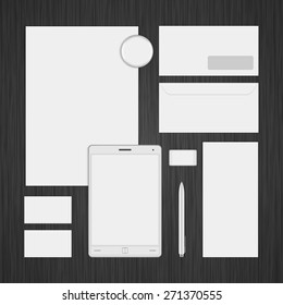 White Logotype presentation corporate identity template Mock up design elements. Vector Business stationery objects, document, business card, envelope, badge, brochure and other.