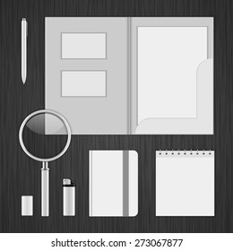 White Logotype presentation corporate identity template Mock up design elements. Vector Business stationery objects, envelope, business card, folder, notepad, book and other.