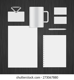 Plantilla de identidad corporativa de presentación con logotipo blanco Elementos de diseño de maquillaje. Vector Objetos de papel, sobre, tarjeta de visita, taza, bloc de notas, bolígrafo y otros.
