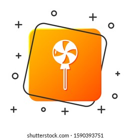 White Lollipop icon isolated on white background. Candy sign. Food, delicious symbol. Orange square button. Vector Illustration