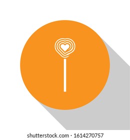 White Lollipop icon isolated on white background. Candy sign. Food, delicious symbol. Valentines day. Love symbol. Orange circle button. Vector Illustration