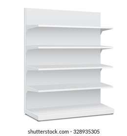 White Long Blank Empty Showcase Displays With Retail Shelves. 3D Products On White Background Isolated. Ready For Your Design. Product Packing. Vector EPS10