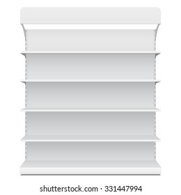 White Long Blank Empty Showcase Displays With Retail Shelves Front View 3D Products On White Background Isolated. Ready For Your Design. Product Packing. Vector EPS10