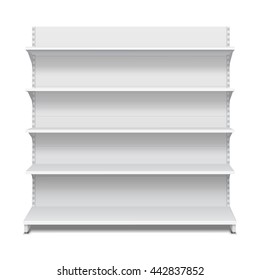 White Long Blank Empty Showcase Displays With Retail Shelves Front View 3D Products On White Background Isolated. Ready For Your Design. Product Advertising. Vector EPS10