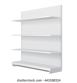 White Long Blank Empty Showcase Display With Retail Shelves. Perspective View 3D. Illustration Isolated On White Background. Mock Up Template Ready For Your Design. Product Advertising. Vector EPS10
