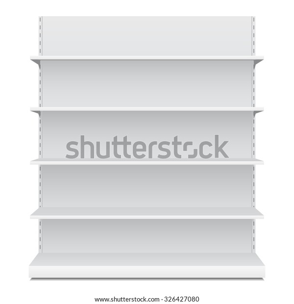 White Long Blank Empty\
Showcase Displays With Retail Shelves Front View 3D Products On\
White Background Isolated. Ready For Your Design. Product Packing.\
Vector EPS10