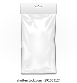 White Long Blank Plastic Pocket Bag. Transparent. With Hang Slot. Illustration Isolated On White Background. Mock Up Template Ready For Your Design. Vector EPS10