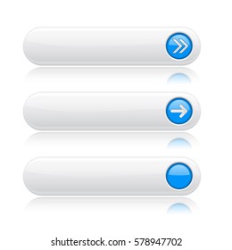 White long buttons with blue arrows. Menu interface elements. Vector 3d illustration on white background.