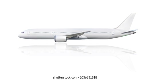White long commercial airplane -side view- with two engines in white color isolated on white background with some light shadow -plane illustration vector object ready for work