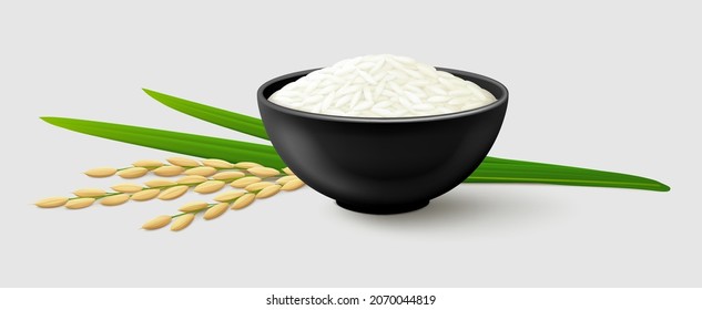 White long grain rice in a black bowl, ripe paddy ear with green leaves. Side view. Realistic vector illustration. Gray background.