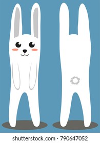 White long rabbit colorful poster. Paper cut 2 two sides. Easter themed flat vector illustration for gift card, flyer, certificate or banner, icon, logo, patch, sticker