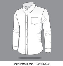 White Long Sleeve Dress Shirt With One Pocket Template On Gray Background, Vector File
