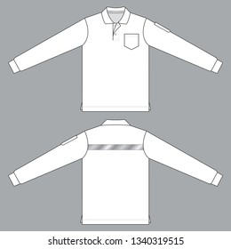 White long sleeve polo shirt design vector with one pocket, pen holder, gray reflective in back shirt.