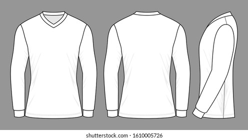 White Long Sleeve V-Neck Shirt Template on Gray Background. Front, Back and Side View, Vector File
