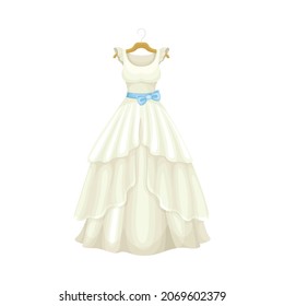 White Long Wedding Dress with Waist Belt on Hanger Closeup Vector Illustration