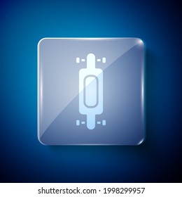 White Longboard or skateboard cruiser icon isolated on blue background. Extreme sport. Sport equipment. Square glass panels. Vector Illustration