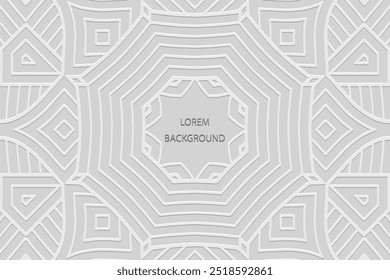 White lorem background, tribal cover design, banner. Geometric 3D pattern, embossing. Ethnic ornaments, arabesques, mandala of the East, Asia, India, Mexico, Aztec, Peru in handmade style.