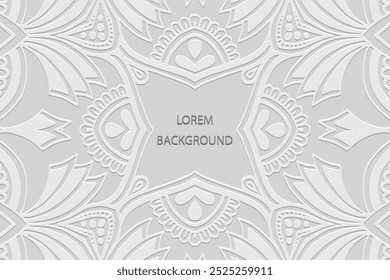 Fundo lorem branco, design de capa tribal, banner. Padrão 3D artístico étnico geométrico. Ornamentos, arabescos, mandala do Oriente, Ásia, Índia, México, Asteca, Peru. Alto-relevo, inserir texto.