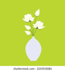 White lotus flower in a blue vase. In Vietnam, the Lotus flower is the national flower. Flower Arrangement. Zen. Minimalism style.