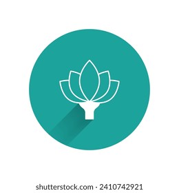 White Lotus flower icon isolated with long shadow. Green circle button. Vector