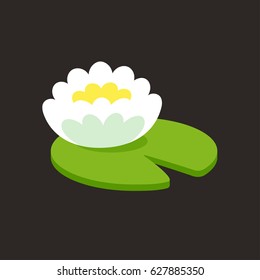 White Lotus flower with leaf, simple icon or logo. Flat vector illustration on dark background.