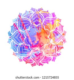 White lotus flower linear drawing on a watercolor textured background. Isolated on a white background. Postcard template, textile print. EPS10 vector illustration