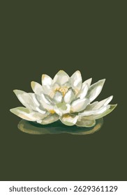 White lotus flower on a green lily pad, softly painted in a calm and natural style.