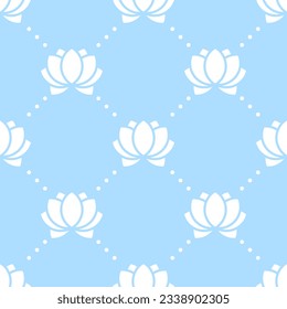 White lotus flowers and dots on blue background seamless pattern. Best for textile, wallpapers, home decoration, wrapping paper, package and web design.