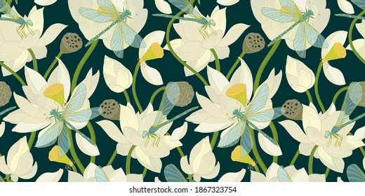 White Lotus flowers and dragonflies on dark background, Lotus pond, seamless vector illustration