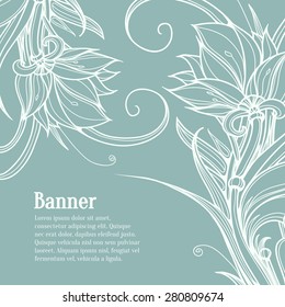 White Lotus flowers on blue background. Hand-Painted Line Drawing Flower Background. Vector illustration. Vintage invitation card. Flourish background. Book cover.