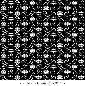 White lotus seamless pattern on black background