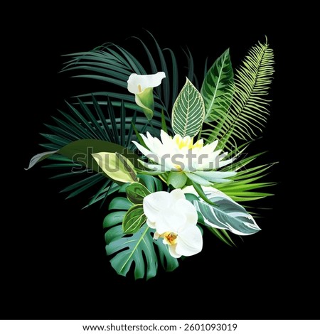 White lotus tropical vector design bouquet. White orchid, anthurium, calla lily, palm and monstera green leaves. Tropical wedding floral. Island exotic greenery. All elements are isolated and editable